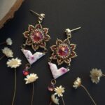 Cercei cu cristale svarovski roz, rivoli in jurul carora sunt cusute margelute de sticla aurii miyuki, partea cu cristale are forma de cerc cu petale zimtate. de aceasta piese este prinsa prin zale aurii o piesa din lut polimeric imprimata cu flori in culori asortate. piesa din lut polimeric este lucioasa pentru ca este lacuita cu rasina UV si are o forma asemanatoare cu un triunghi. in partea de jos sunt prinse cate un cristal roz de sticla in forma de lacrima. Cerceii au tortite cu cristal zirconia si se prin in ureche cu surub si dop de silicon. Cerceii sunt fotografiati pe un fundal negru si se vad in partea inferioara cateva flori uscate de paie